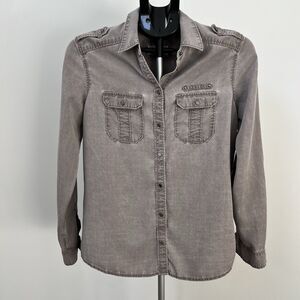 Express Women’s Distressed Utility Boyfriend Button Down Shirt XS Grey Taupe